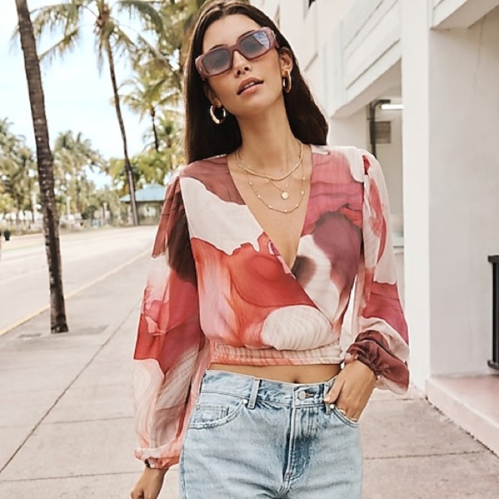Express Conscious Edit Printed Faux Wrap Cropped Tie Waist Top